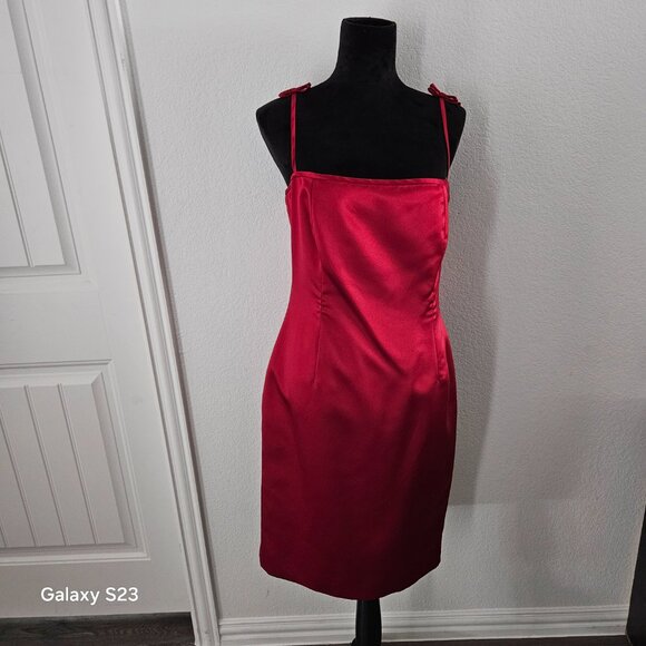 Satin Red Skinny Bow Strap Dress - Picture 2 of 6